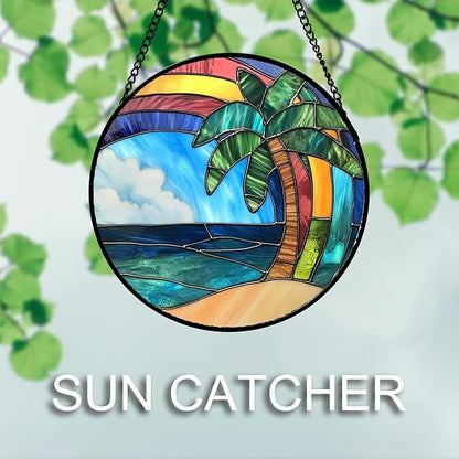 CHATYOUNG Stained Glass Window Hanging Abstract Ocean Coconut Tree 9.8" - Color Suncatcher Door Garden Home Decor and Christmas Mother's Day Birthday Gift for Grandma Nana and Mom Women Friend