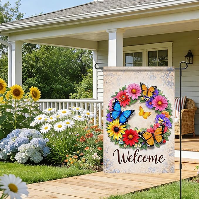 IVN Butterfly Garden Flag 12x18 Inch – Welcome Floral Wreath Outdoor Flag, Double Sided Burlap Spring Summer Yard Flag for Porch Lawn Patio Decor