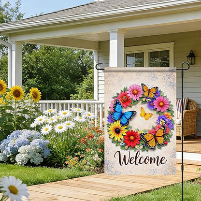 IVN Butterfly Garden Flag 12x18 Inch – Welcome Floral Wreath Outdoor Flag, Double Sided Burlap Spring Summer Yard Flag for Porch Lawn Patio Decor