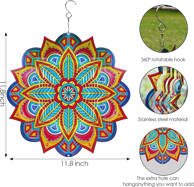 Mandala Wind Spinners, 12inch Metal Wind Spinners Outdoor for Yard and Garden, Stainless Steel Hanging Wind Spinner, Kinetic Yard Art Garden Decor Ornament Gifts