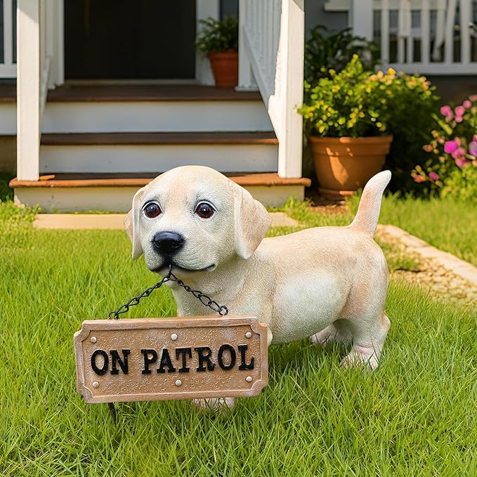 Labrador Dog Garden Statue with Solar Lantern & Interchangeable Welcome/On Patrol Sign, Cute Puppy Outdoor Decor Resin Animal Figurine for Yard, Patio, Lawn, Porch, Gifts for Dog Lovers