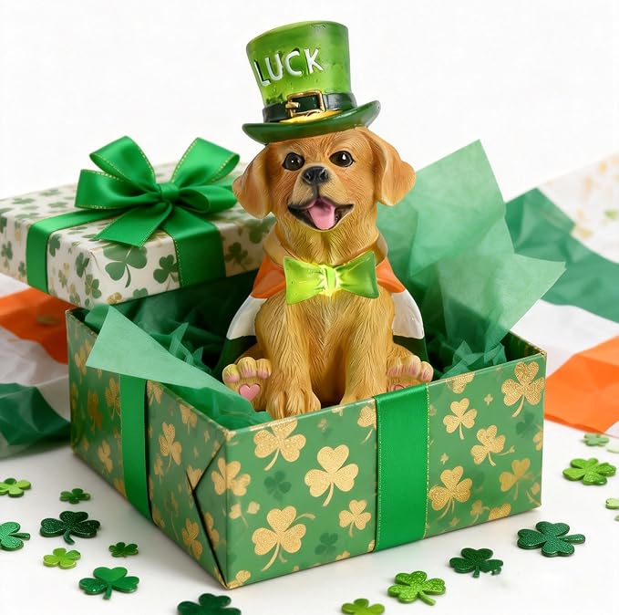 TERESA'S COLLECTIONS Saint Patrick's Day Decor, Dog Statue with Irish Costume and Solar Light, Waterproof Resin Garden Decor, Saint Patrick's Day Decor Gift for Party 8 Inch