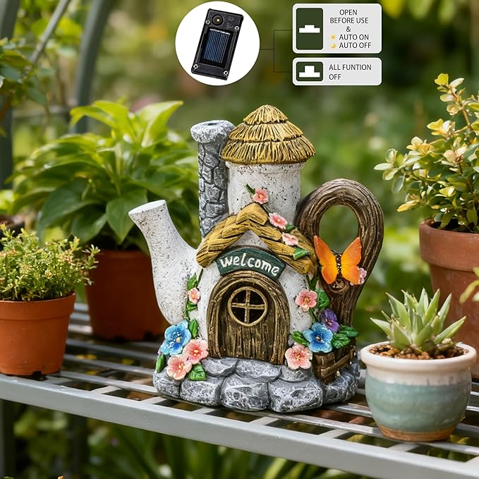 Suyorpe Fairy Garden Houses Solar Decor - Garden Statues Teapot House for Patio, Yard, Balcony Decoration, Outdoor Decor Yard Gifts for Mom Women