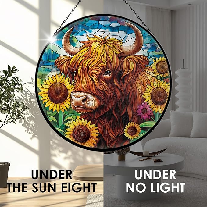 Highland Cow Stained Glass Window Hanging, 7.9" Cows Sun Catcher Glass Panel with Chain,Cows Gifts Hand Painted Round Wall Art Gifts for Women, Highland Cow Decor Stained Glass Housewarming Gift