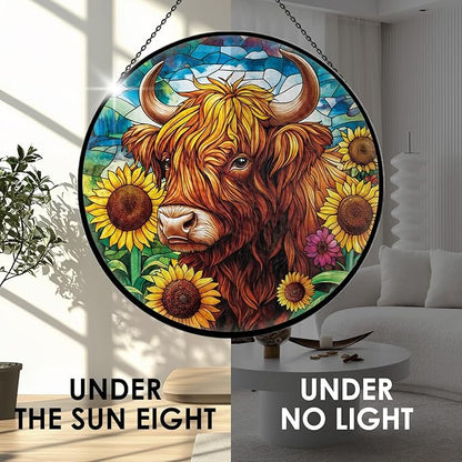 Highland Cow Stained Glass Window Hanging, 7.9" Cows Sun Catcher Glass Panel with Chain,Cows Gifts Hand Painted Round Wall Art Gifts for Women, Highland Cow Decor Stained Glass Housewarming Gift