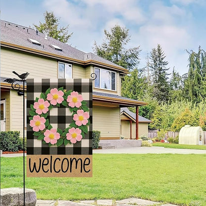 Buffalo Plaid Welcome Wreath Garden Flag Pink Wild Rose Flower Flag 12x 18 Inch Double Sided Spring Outdoor Fall Autumn Farmhouse Outdoor Small Decor for Porch Lawn Patio Yard