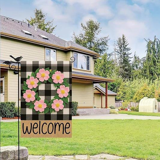 Buffalo Plaid Welcome Wreath Garden Flag Pink Wild Rose Flower Flag 12x 18 Inch Double Sided Spring Outdoor Fall Autumn Farmhouse Outdoor Small Decor for Porch Lawn Patio Yard