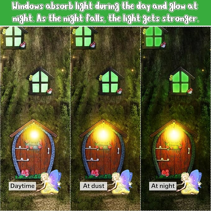 Syhood Fairy Door and Window Miniature Summer Home with Lamp Room Wall and Trees Outdoor Glow in Dark Fairies Sleeping Yard Art Garden Sculpture Patio Lawn Decor Ornament Gift(Stone Style)