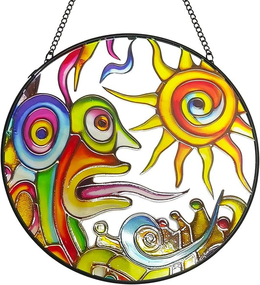 Artistic Sunrise Suncatcher Stained Glass Window Hanging, 7.9'' Abstract Sun Face Suncatchers Garden Hangings with Metal Chain