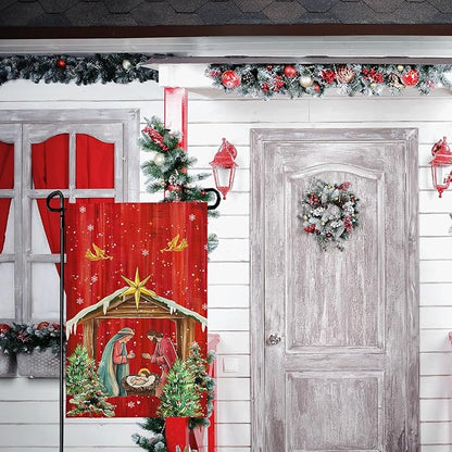 Xmas Poinsettia Garden Flag Holy Night Nativity Double Side Yard Flags Religious Christma Jesus Nativity Scene Decor House Banner for Winter Happy Holiday Outdoor Yard Decor 12 x 18 Inch