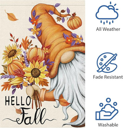 Hello Fall Gnome Garden Flag 12x18 Double Sided Burlap, Pumpkin Sunflower Garden Yard Flags for Thanksgiving Rustic Seasonal Outside Outdoor House Decoration (ONLY FLAG)