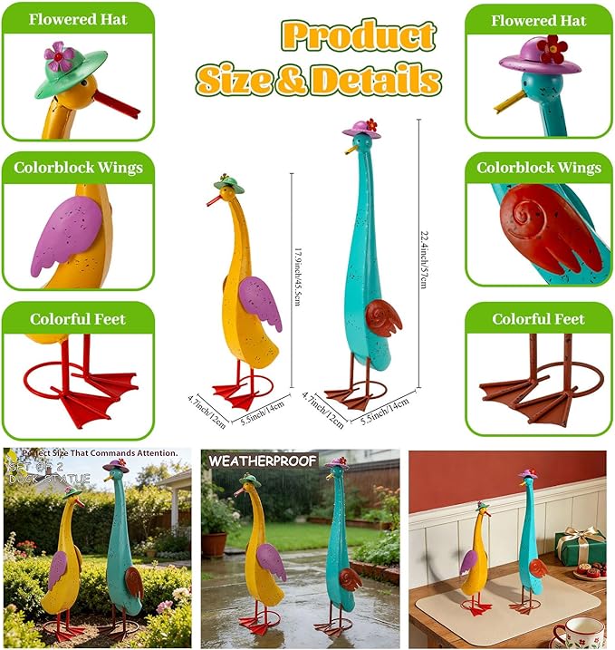 22" Duck Garden Statue Set of 2 Metal Ducks, Duck Outdoor Decor with Stakes Animal Yard Art Sculptures for Patio Porch Lawn Backyard