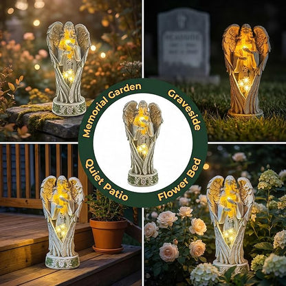 COWOS Angel Statue for Garden, Solar Angel Statue for Cemetery Decorations, Praying Angel Cross Memorial Statue, Memorial Garden Figurine Gift