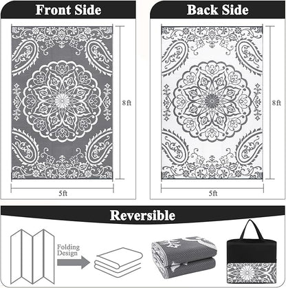 Pauwer Waterproof Outdoor Rug 5x8, Reversible Plastic Straw Patio Camping Rug, Indoor Outdoor RV Mat Carpet for Deck, Camper, Porch, Balcony, Backyard, Picnic, Boho Grey