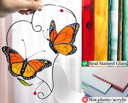 Monarch Butterfly Gifts for Grandma & Mom, Butterflies Suncatcher Stained Glass Window Hanging, Real Handmade Sun Catcher Indoor Window, Decorations in Garden Decor Ornament for Mother