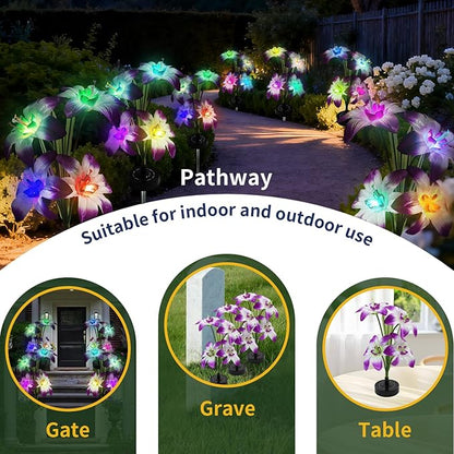 Solar Garden Lights Outdoor - Solar Flowers Lights Outdoor Decorative Waterproof, 40 Hour Coloring Changing Lily Flower Yard Pathway Light Solar Powered, Cemetery Decoration, Backyard Decor, 4pcs
