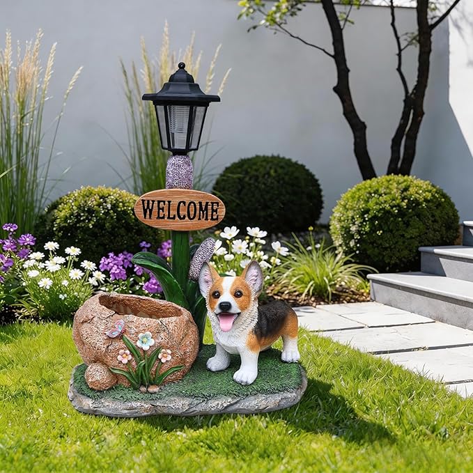 Solar Garden Statue with Planter & Solar Lantern, Outdoor Resin Animal Sculpture, Waterproof Yard Lawn Decor Pot for Succulents, Front Porch Ornament Housewarming Gift (Corgi)