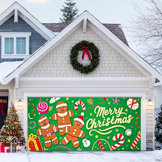 HOMETITUTE Merry Christmas Garage Door Banner 13x6ft Festive Gingerbread Man Candy Gift Boxes Holiday Door Cover Outdoor Yard Decoration Seasonal Display