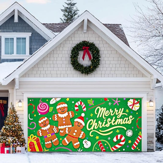 HOMETITUTE Merry Christmas Garage Door Banner 13x6ft Festive Gingerbread Man Candy Gift Boxes Holiday Door Cover Outdoor Yard Decoration Seasonal Display