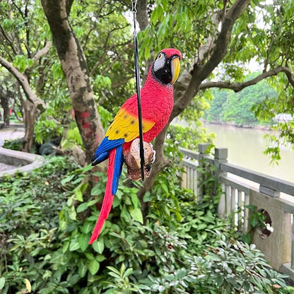 Hanging Scarlet Macaw Parrot Perching on Branch in Metal Round Ring for Home Patio Garden Decor 16" H (Red and Yellow)