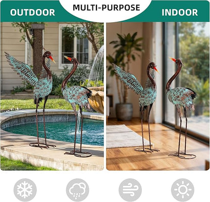 36.8" Extra-Large Blue Heron Decor, Handcrafted Metal Crane Statue with Stable U-Ground Stakes, Backyard Decoration, Metal Garden Bird Animal Yard Art, Lawn Ornament Decor