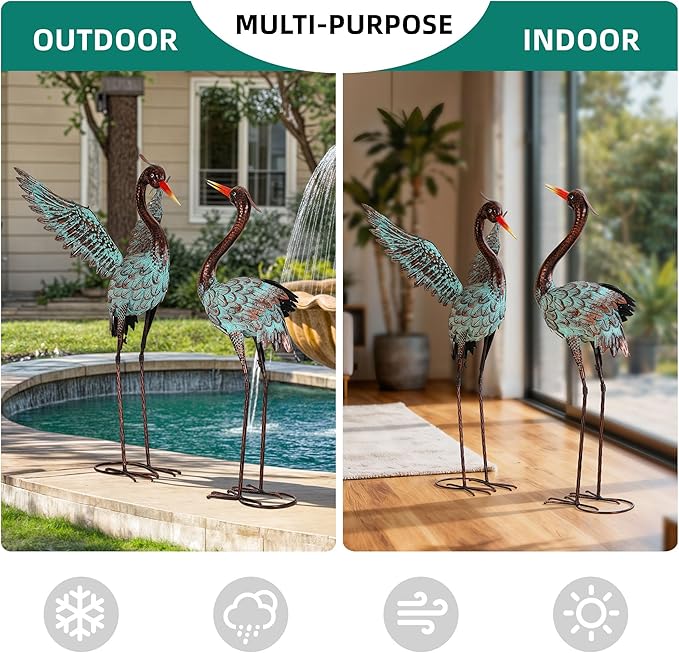 Extra-Large Metal Blue Heron Garden Statue, Handcrafted 36.8" Crane Decor Sculptures with Stable U-Ground Stakes, Backyard Decoration, Metal Garden Bird Animal Yard Art, Lawn Ornament Decor