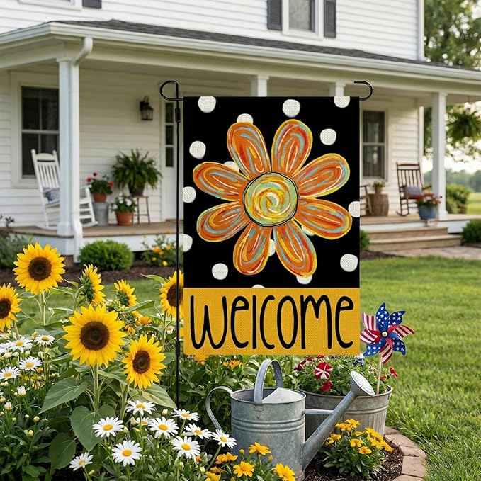 CROWNED BEAUTY Summer Garden Flag Floral 12x18 Inch Double Sided Small Burlap Seasonal Holiday Polka Dots Flag for Outside Yard Decoration