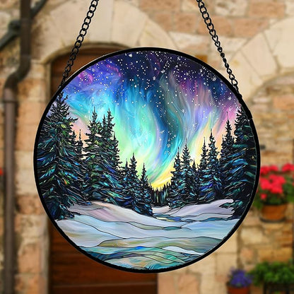 DASTOLL Stained Glass Window Hanging, Aurora Landscape Sun Catchers Glass Panel Green Trees Suncatcher Decor for Birthday for Women, Men, Wife, Aunt, and Mom 7.8 in