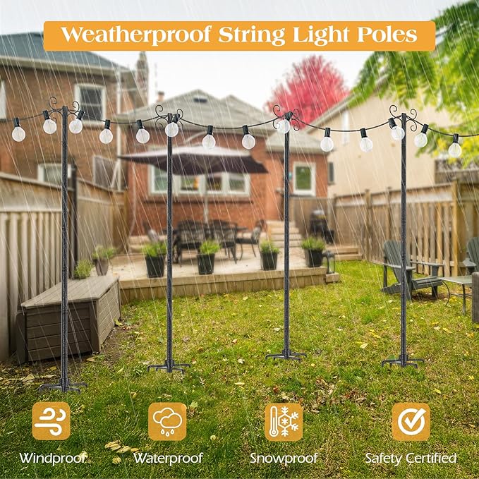 2 Pack Outdoor String Light Poles, Metal Lights Hanging Pole with 4 Hooks and Rustproof, for Patio Garden Deck Backyard Lawn Sunshade and Decor