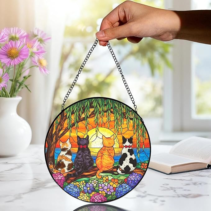Cat Flower Stained Glass Window Hanging, Cat Mom Lovers Gifts for Women, Nature Sunset Kitten Landscape Suncatchers Sun Catchers Indoor Window Glass Wall Art Decorations, 7.9x7.9in, Patio
