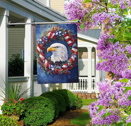 Patriotic Bald Eagle House Flag 28x40 Inch Double Sided Burlap American Flag Wreath Outdoor Yard Decor for 4th of July, Veterans Day, Memorial Day
