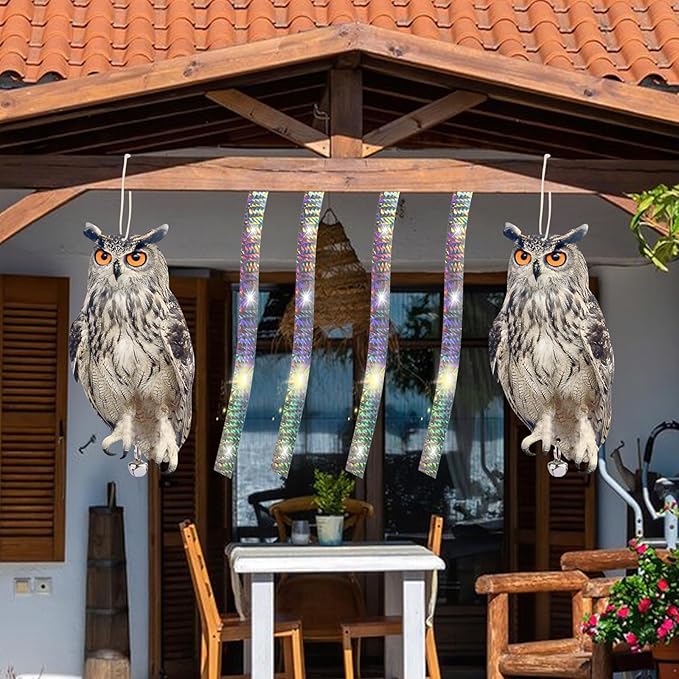 4PCS Hanging Effective Fake Owl Control Device Dual-Side Outdoors Owl with Reflective Tape for Patio Yard Outdoor Front Porch Backyard Windows