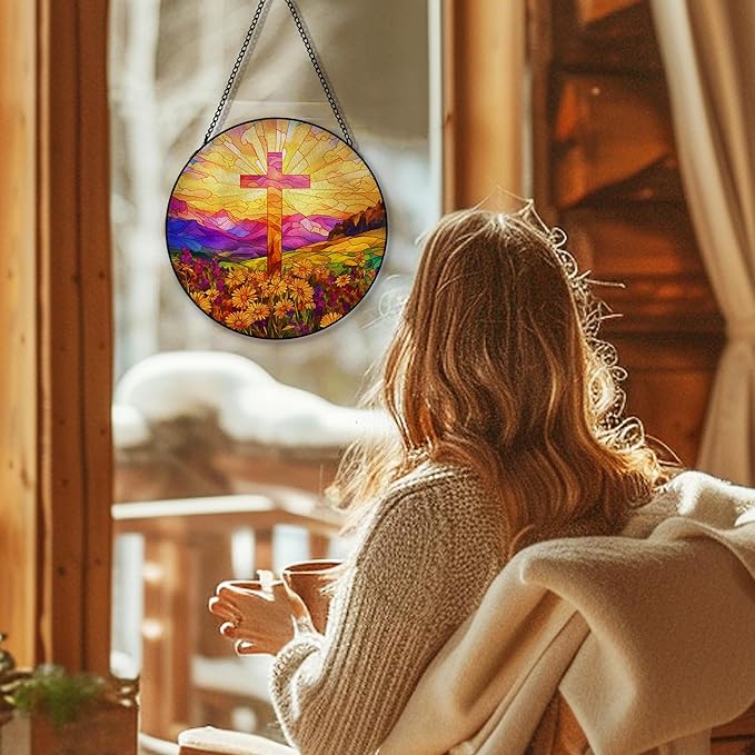 Cross Suncatcher Stained Glass Window Hanging, Wildflower Flower Cross Sun Catchers Indoor Window Glass Round Wall Decor, Religious Wall Art Hanging Decorations, 7.8＂x7.8＂
