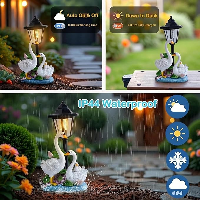 Solar Swan Garden Statue Outdoor Decor, Elegant Bird Figurines with Street Lamp Light for Patio Porch Decorations, Yard Lawn Sculptures Statues Unique Women Homes