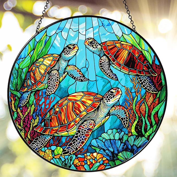 Sea Turtle Stained Glass SunCatcher Window Hanging Sea Turtle Gifts for Women Handmade Sun Catcher Decoration for Home Decor Gifts for Ocean Lover Sea Life Decor 7.87inch