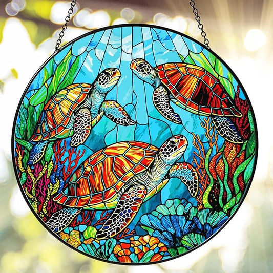 Sea Turtle Stained Glass SunCatcher Window Hanging Sea Turtle Gifts for Women Handmade Sun Catcher Decoration for Home Decor Gifts for Ocean Lover Sea Life Decor 7.87inch