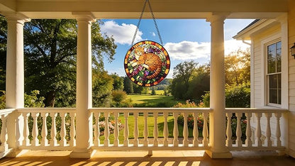 Funoasis Stained Glass Window Hanging 7.8 Inches Suncatcher - an Orange Cat Lying On A Cluster of Purple Flowers Ornaments Sun Catcher Home Decor Women Birthday