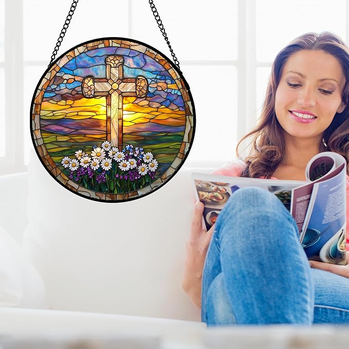DASTOLL Christian Gifts for Women - Cross Stained Glass Window Hanging Jesus Easter Daisy Grassland Sunset Sun Catcher Garden Religion Decor Mother's Day Catholic Gift for Men Grandma Nana Her 6.3"