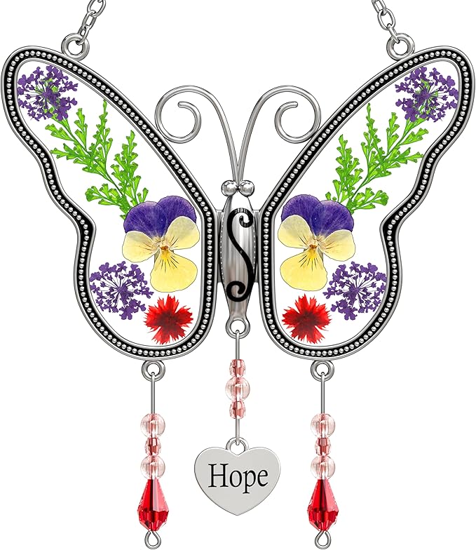KY&BOSAM Suncatcher Butterfly Stained Glass Hope Suncatchers Ornament hangings for Windows Wind Chime with Pressed Dried Flower Wings Embedded in Glass for Mom Birthdays Christmas