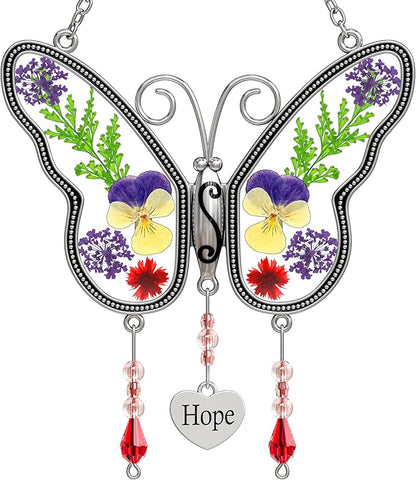 KY&BOSAM Suncatcher Butterfly Stained Glass Hope Suncatchers Ornament hangings for Windows Wind Chime with Pressed Dried Flower Wings Embedded in Glass for Mom Birthdays Christmas