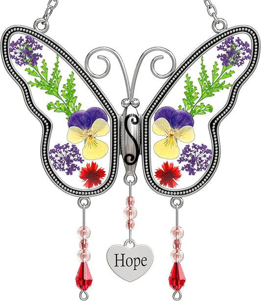 KY&BOSAM Suncatcher Butterfly Stained Glass Hope Suncatchers Ornament hangings for Windows Wind Chime with Pressed Dried Flower Wings Embedded in Glass for Mom Birthdays Christmas