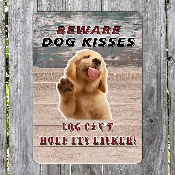 Beware Dog Kisses Dog Can't Hold Its Licker Street Metal Signs Vintage Man Cave Warning Aluminum Metal Tin Sign for Garden Patio Yard Cafe Pub Home Decor Wall Art Print Poster 12x16