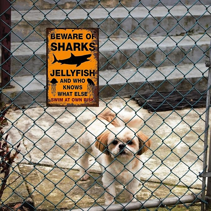 Funny Beware of Dog Sign Private Property No Trespassing Warning Signs, Beware of Sharks Jellyfish, Yard Sign Garage Farm Garden Wall Decor Sign Plaque Outdoor for Home Fence 8 X 12 Inches
