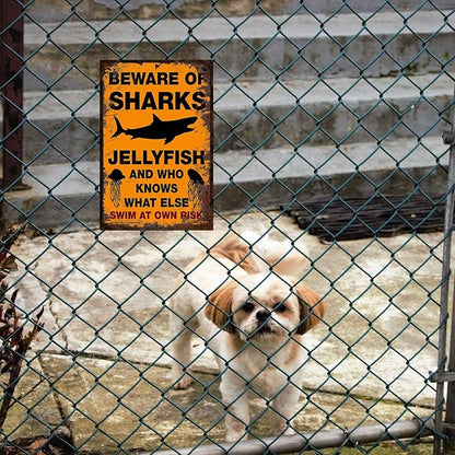 Funny Beware of Dog Sign Private Property No Trespassing Warning Signs, Beware of Sharks Jellyfish, Yard Sign Garage Farm Garden Wall Decor Sign Plaque Outdoor for Home Fence 8 X 12 Inches