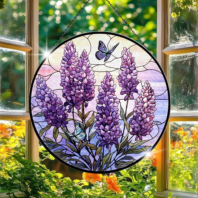 Lavender Stained Glass Window Hanging, 7.9" Lavender Butterfly Sun Catcher Glass Panel with Chain, Lavenders Gifts Hand Painted Round Wall Art Gifts for Women, Lavenders Decor Housewarming Gift