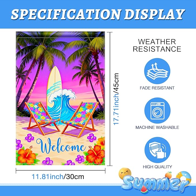 BlissYard Welcome Summer Beach Garden Flag 12x18 Double Sided Vertical Outdoor Decor Surfboard Chair Tropical Yard Garden Lawn Banner Coastal Seasonal Display