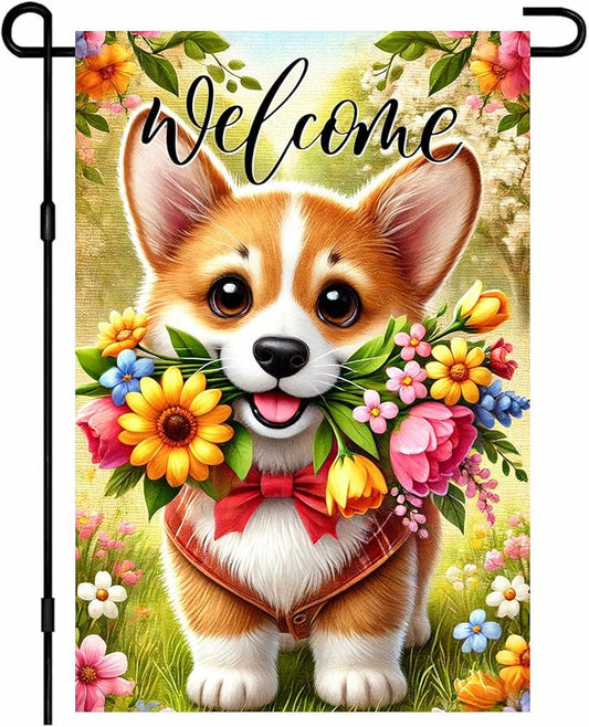 BlissYard Spring Corgi Garden Flag 12x18 Inches Double Sided Cute Puppy Welcome Yard Flags Colorful Floral Sunflower Butterfly Summer for Outside Decor Home Farmhouse lawn Decorations