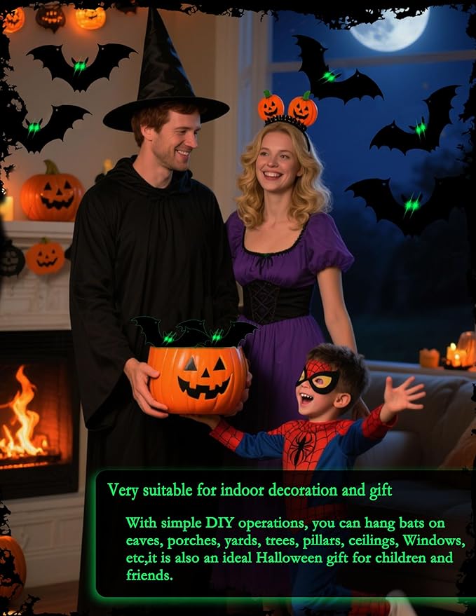 Hanging Bats Halloween Decorations, 12Pcs Halloween Bats with Night Auto-On/Off, Scary Green LED Eyes 3D Bat Wall Decor, Light Up Bat 3 Modes, Outdoor and Indoor Tree Yard Party Decor
