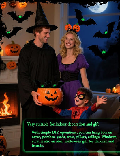 Hanging Bats Halloween Decorations, 12Pcs Halloween Bats with Night Auto-On/Off, Scary Green LED Eyes 3D Bat Wall Decor, Light Up Bat 3 Modes, Outdoor and Indoor Tree Yard Party Decor