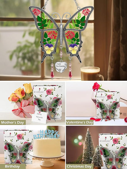 KY&BOSAM Butterfly Suncatcher I Love You Grandma Stained Glass for Windows Hangings Wind Chimes with Pressed Flower and Metal Heart Charm for Mom Birthday Valentines Day Decor